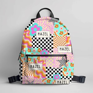 Girl Backpack Back to School Teen Gift Idea Girl Name Backpack Neon Checkered Print Backpack Custom School Bag Personalized Kids Backpack