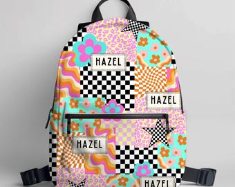 Girl Backpack Back to School Teen Gift Idea Girl Name Backpack Neon Checkered Print Backpack Custom School Bag Personalized Kids Backpack