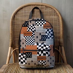 Boy Backpack Back to School Gift Idea Boy Name Backpack Lightning Bolt Checkered Print Backpack Custom School Bag Personalized Kids Backpack featuring custom name detail, bold lightning bolt, and trendy checkered print. This personalized kids backpack is perfect for back to school, daily adventures, or as a unique gift idea for boys. Make every school day extra special with this custom school bag for boys.