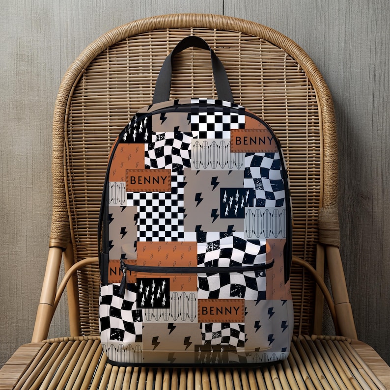 Boy Backpack Back to School Gift Idea Boy Name Backpack Lightning Bolt Checkered Print Backpack Custom School Bag Personalized Kids Backpack featuring custom name detail, bold lightning bolt, and trendy checkered print. This personalized kids backpack is perfect for back to school, daily adventures, or as a unique gift idea for boys. Make every school day extra special with this custom school bag for boys.