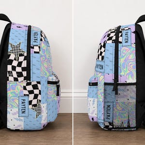 Pastel checkered backpack featuring a customizable name and modern colorful design. Durable everyday bag perfect for school, travel, sleepovers, and extracurricular activities. Comfortable backpack for kids and teens who love trendy, personalized accessories.