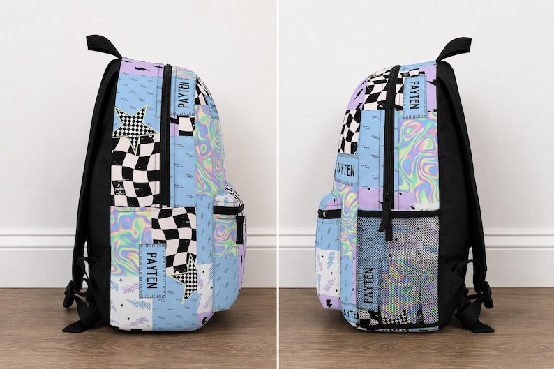Pastel checkered backpack featuring a customizable name and modern colorful design. Durable everyday bag perfect for school, travel, sleepovers, and extracurricular activities. Comfortable backpack for kids and teens who love trendy, personalized accessories.