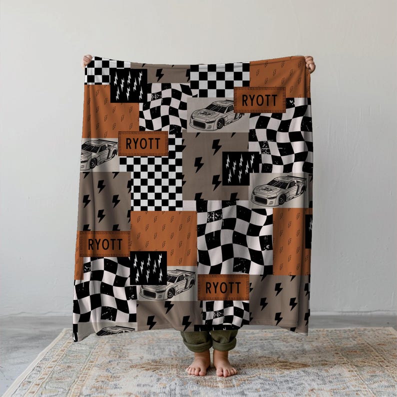 Racing Blanket Custom Name Blanket featuring a bold race car design with personalized name detail. This Personalized Race Car Gift Idea Toddler Boy Gift works as custom bedding gift and statement racing room decor. Perfect for car-loving kids and teens, this cozy blanket makes a thoughtful Teen Boy Gift Idea for birthdays, holidays, or special occasions while adding fun racing style to a boy bedroom.