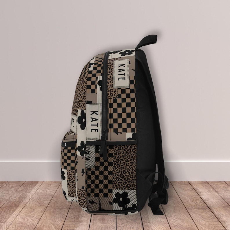 Custom girl backpack with leopard checkered print, personalized with name for a unique touch. This girl name backpack is a fun teen gift idea, perfect for back to school or everyday use. Personalized kids backpack with cheetah design for stylish school bag flair. Great for students who love animal prints.