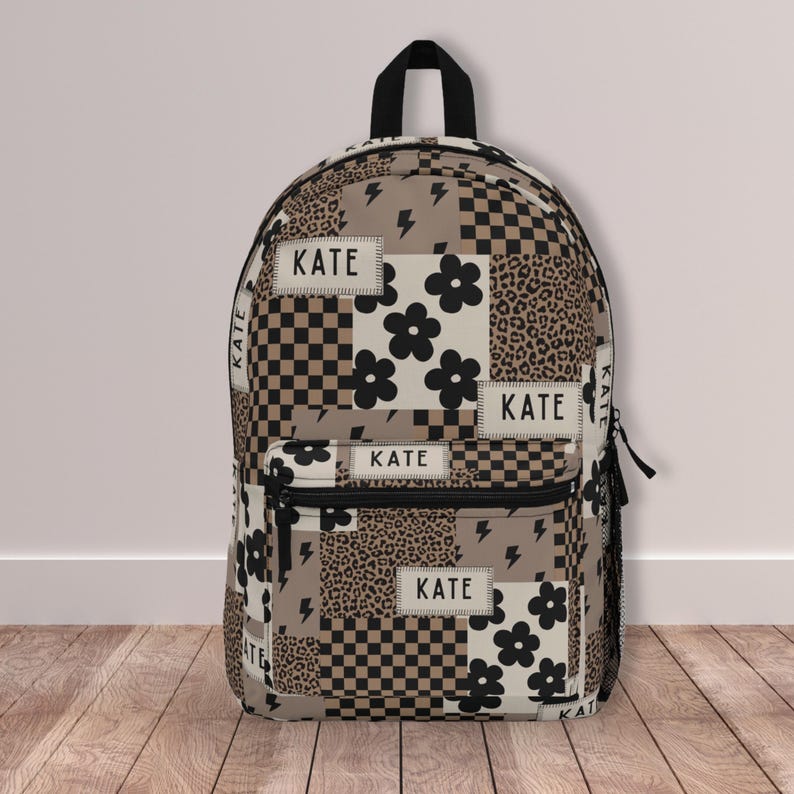 Custom girl backpack with leopard checkered print, personalized with name for a unique touch. This girl name backpack is a fun teen gift idea, perfect for back to school or everyday use. Personalized kids backpack with cheetah design for stylish school bag flair. Great for students who love animal prints.