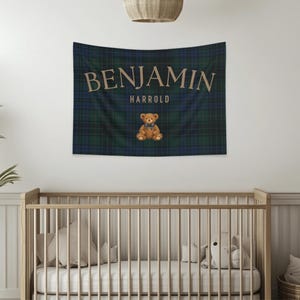 Polo bear name banner featuring a personalized name with a vintage polo teddy design. This preppy bear nursery decor doubles as a plaid name sign and polo bear nursery decor for a classic boy nursery or toddler room. Perfect as a boy name sign and vintage polo teddy nursery baby gift, this custom banner adds timeless charm to baby rooms, preppy nurseries, and traditional nursery decor themes.