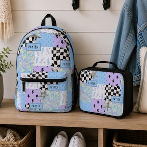 Pastel checkered backpack featuring a customizable name and modern colorful design. Durable everyday bag perfect for school, travel, sleepovers, and extracurricular activities. Comfortable backpack for kids and teens who love trendy, personalized accessories.