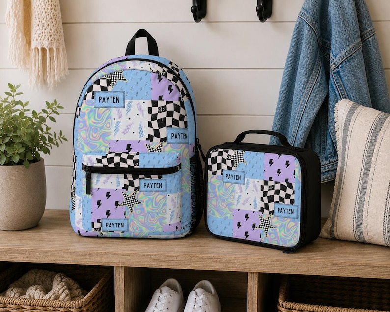 Pastel checkered backpack featuring a customizable name and modern colorful design. Durable everyday bag perfect for school, travel, sleepovers, and extracurricular activities. Comfortable backpack for kids and teens who love trendy, personalized accessories.