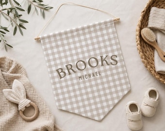 Gingham Name Banner Custom Boy Name Banner Neutral Nursery Decor Custom Kids Room Name Flag Boy Room Name Sign Coquette Nursery Gingham Sign