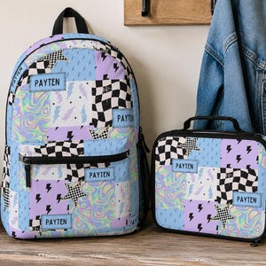 Pastel checkered backpack featuring a customizable name and modern colorful design. Durable everyday bag perfect for school, travel, sleepovers, and extracurricular activities. Comfortable backpack for kids and teens who love trendy, personalized accessories.