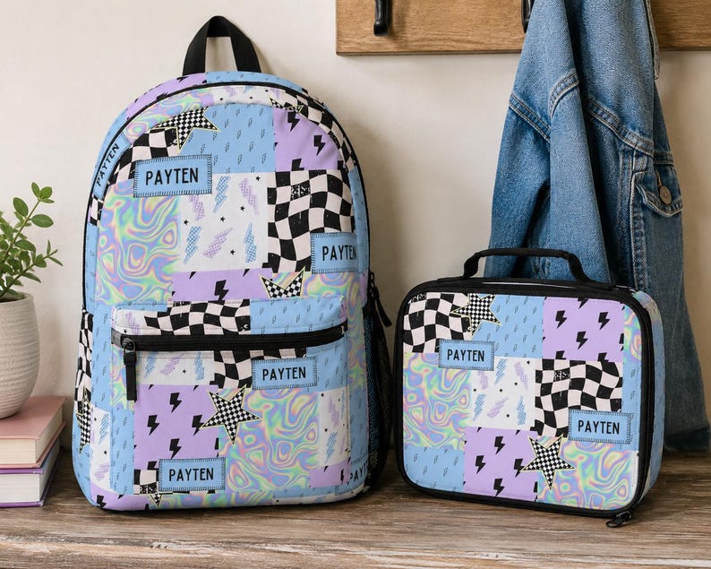 Pastel checkered backpack featuring a customizable name and modern colorful design. Durable everyday bag perfect for school, travel, sleepovers, and extracurricular activities. Comfortable backpack for kids and teens who love trendy, personalized accessories.