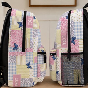 Patchwork style backpack featuring soft pastel patterns and customizable name detail. Durable everyday bag perfect for school, travel, sleepovers, and daily adventures. Trendy design for kids and teens who love colorful, feminine, vintage inspired accessories.