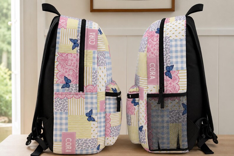 Patchwork style backpack featuring soft pastel patterns and customizable name detail. Durable everyday bag perfect for school, travel, sleepovers, and daily adventures. Trendy design for kids and teens who love colorful, feminine, vintage inspired accessories.