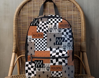 Boy Backpack Back to School Gift Idea Boy Name Backpack Skeleton Hand Checkered Print Backpack Custom School Bag Personalized Kids Backpack