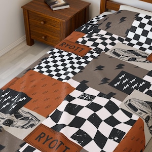 Racing Blanket Custom Name Blanket featuring a bold race car design with personalized name detail. This Personalized Race Car Gift Idea Toddler Boy Gift works as custom bedding gift and statement racing room decor. Perfect for car-loving kids and teens, this cozy blanket makes a thoughtful Teen Boy Gift Idea for birthdays, holidays, or special occasions while adding fun racing style to a boy bedroom.