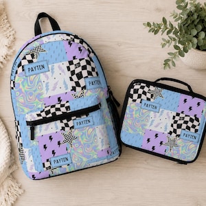 Pastel checkered backpack featuring a customizable name and modern colorful design. Durable everyday bag perfect for school, travel, sleepovers, and extracurricular activities. Comfortable backpack for kids and teens who love trendy, personalized accessories.