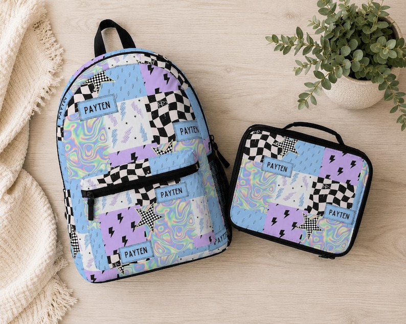 Pastel checkered backpack featuring a customizable name and modern colorful design. Durable everyday bag perfect for school, travel, sleepovers, and extracurricular activities. Comfortable backpack for kids and teens who love trendy, personalized accessories.