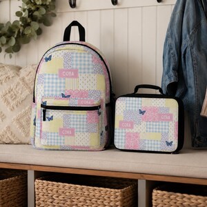 Patchwork style backpack featuring soft pastel patterns and customizable name detail. Durable everyday bag perfect for school, travel, sleepovers, and daily adventures. Trendy design for kids and teens who love colorful, feminine, vintage inspired accessories.