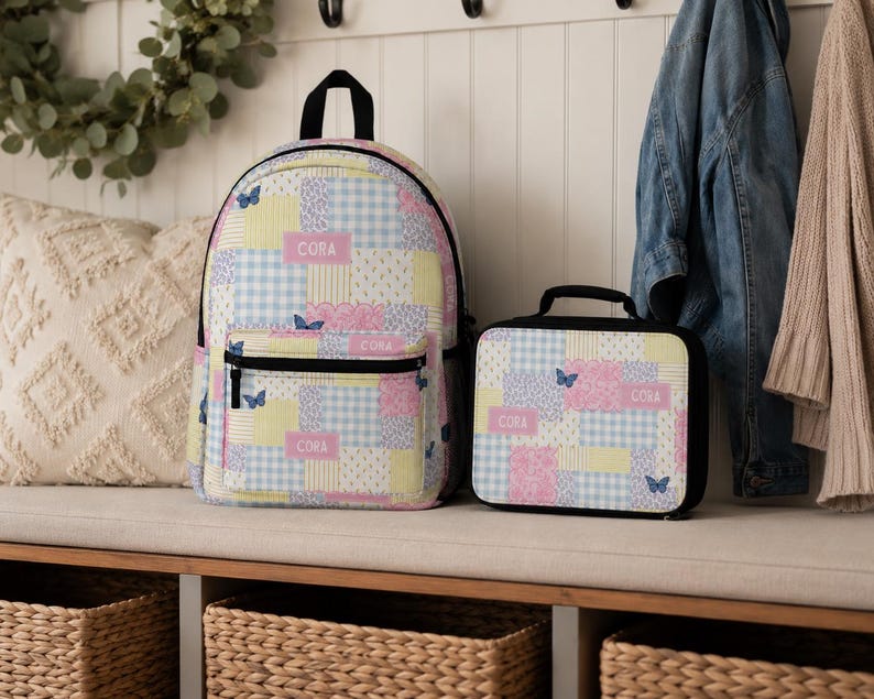 Patchwork style backpack featuring soft pastel patterns and customizable name detail. Durable everyday bag perfect for school, travel, sleepovers, and daily adventures. Trendy design for kids and teens who love colorful, feminine, vintage inspired accessories.