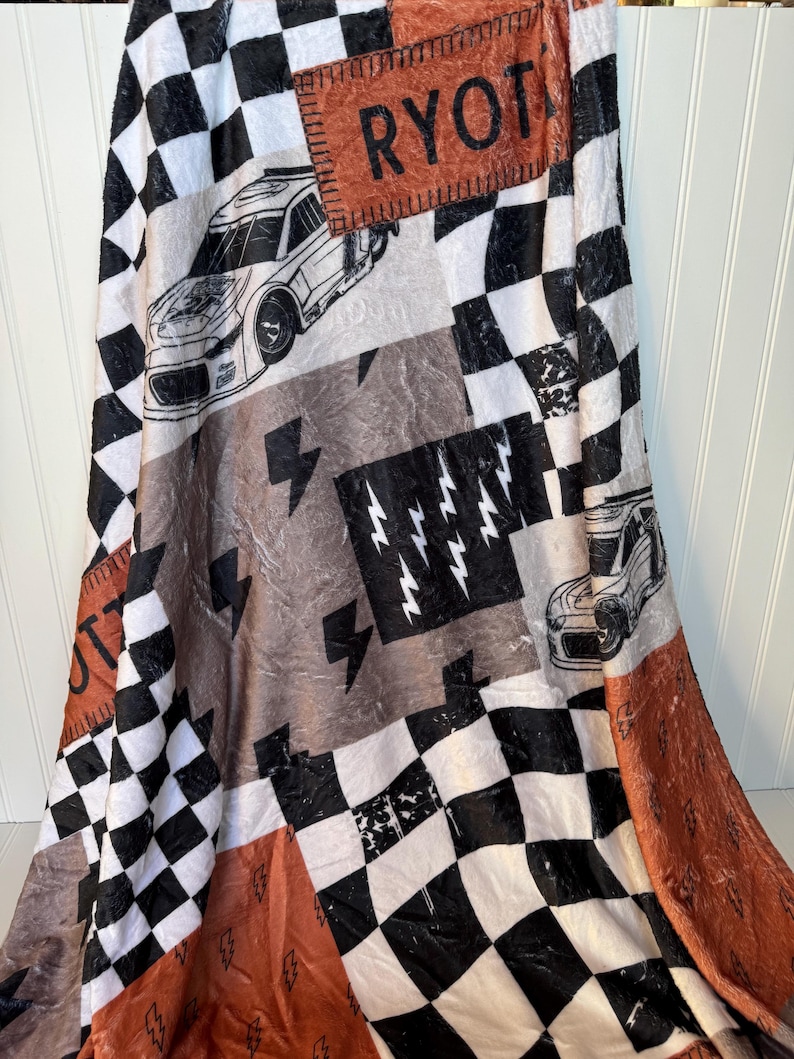 Racing Blanket Custom Name Blanket featuring a bold race car design with personalized name detail. This Personalized Race Car Gift Idea Toddler Boy Gift works as custom bedding gift and statement racing room decor. Perfect for car-loving kids and teens, this cozy blanket makes a thoughtful Teen Boy Gift Idea for birthdays, holidays, or special occasions while adding fun racing style to a boy bedroom.