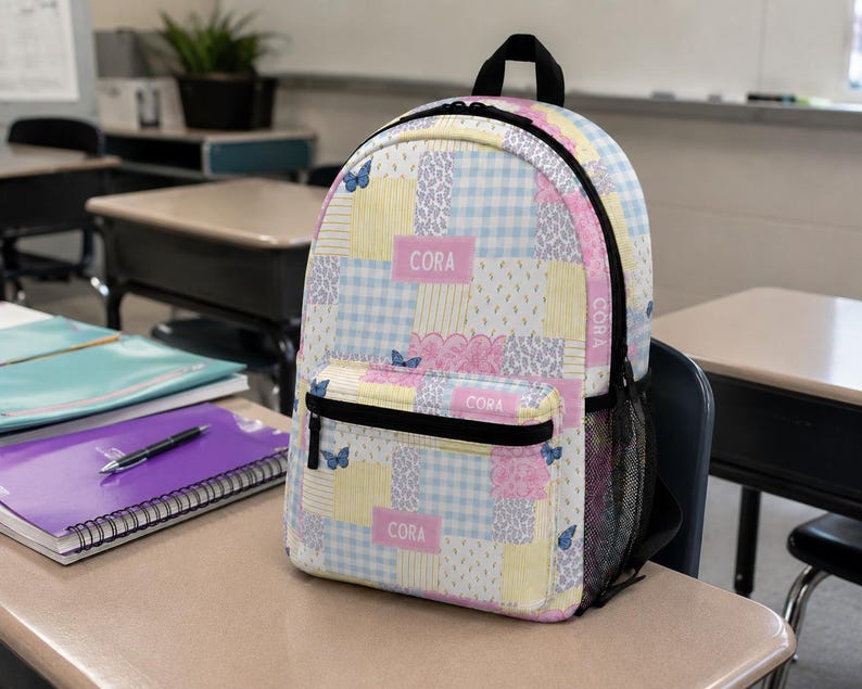 Patchwork style backpack featuring soft pastel patterns and customizable name detail. Durable everyday bag perfect for school, travel, sleepovers, and daily adventures. Trendy design for kids and teens who love colorful, feminine, vintage inspired accessories.