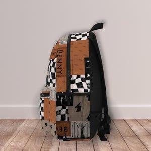 Boy Backpack Back to School Gift Idea Boy Name Backpack Lightning Bolt Checkered Print Backpack Custom School Bag Personalized Kids Backpack featuring custom name detail, bold lightning bolt, and trendy checkered print. This personalized kids backpack is perfect for back to school, daily adventures, or as a unique gift idea for boys. Make every school day extra special with this custom school bag for boys.