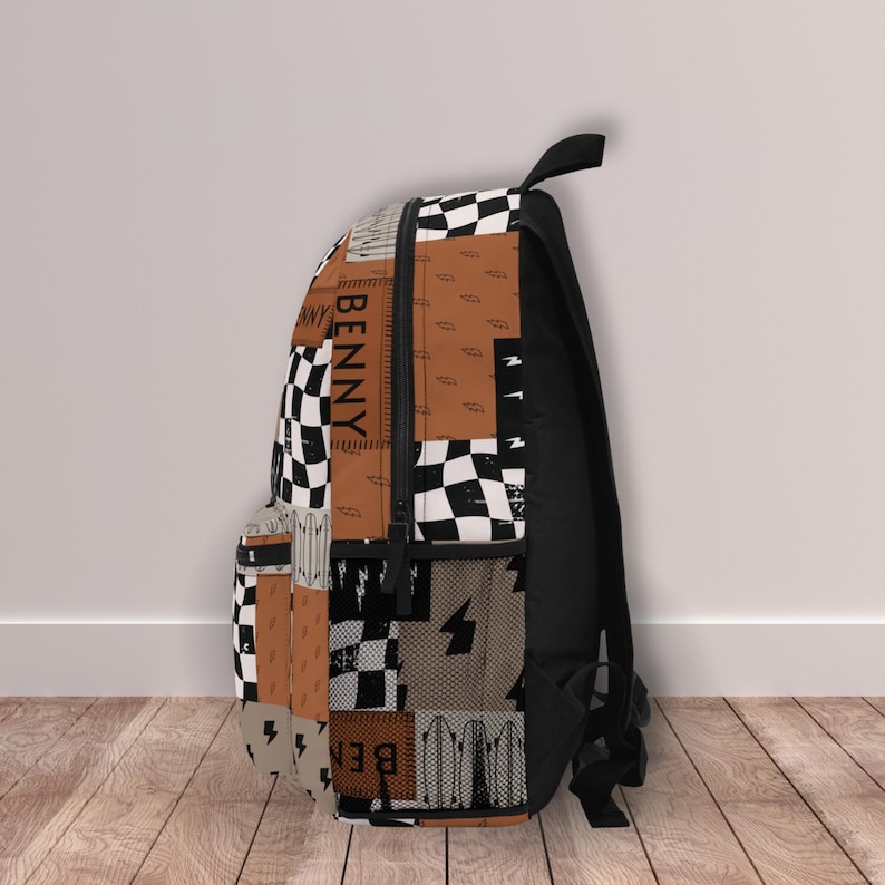 Boy Backpack Back to School Gift Idea Boy Name Backpack Lightning Bolt Checkered Print Backpack Custom School Bag Personalized Kids Backpack featuring custom name detail, bold lightning bolt, and trendy checkered print. This personalized kids backpack is perfect for back to school, daily adventures, or as a unique gift idea for boys. Make every school day extra special with this custom school bag for boys.