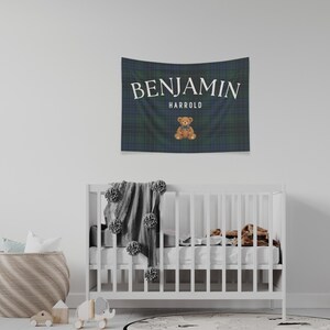 Polo bear name banner featuring a personalized name with a vintage polo teddy design. This preppy bear nursery decor doubles as a plaid name sign and polo bear nursery decor for a classic boy nursery or toddler room. Perfect as a boy name sign and vintage polo teddy nursery baby gift, this custom banner adds timeless charm to baby rooms, preppy nurseries, and traditional nursery decor themes.