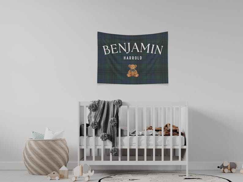 Polo bear name banner featuring a personalized name with a vintage polo teddy design. This preppy bear nursery decor doubles as a plaid name sign and polo bear nursery decor for a classic boy nursery or toddler room. Perfect as a boy name sign and vintage polo teddy nursery baby gift, this custom banner adds timeless charm to baby rooms, preppy nurseries, and traditional nursery decor themes.