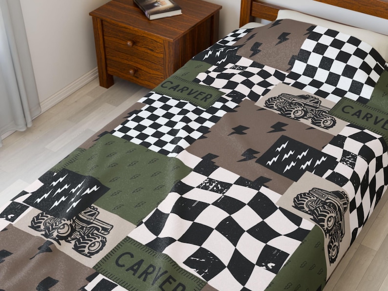 Monster truck blanket custom name blanket personalized monster truck gift idea toddler boy gift. This soft custom bedding features a fun monster truck design with your child’s name for a unique keepsake. Perfect for boys who love trucks, this personalized blanket adds playful style to monster truck room decor while keeping kids cozy. A thoughtful custom gift for birthdays, holidays, or special occasions, this blanket is both practical and exciting for little truck lovers.