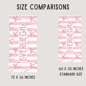 May include: Two pink and white striped towels with the name "EVERLIEGH" printed in pink. The larger towel is 72 inches by 36 inches and the smaller towel is 60 inches by 30 inches.