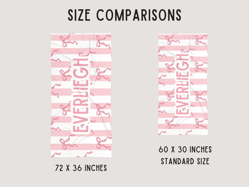 May include: Two pink and white striped towels with the name "EVERLIEGH" printed in pink. The larger towel is 72 inches by 36 inches and the smaller towel is 60 inches by 30 inches.