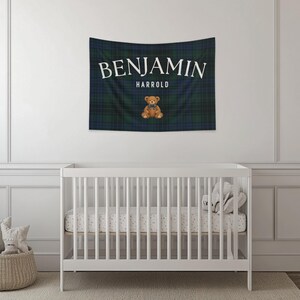 Polo bear name banner featuring a personalized name with a vintage polo teddy design. This preppy bear nursery decor doubles as a plaid name sign and polo bear nursery decor for a classic boy nursery or toddler room. Perfect as a boy name sign and vintage polo teddy nursery baby gift, this custom banner adds timeless charm to baby rooms, preppy nurseries, and traditional nursery decor themes.