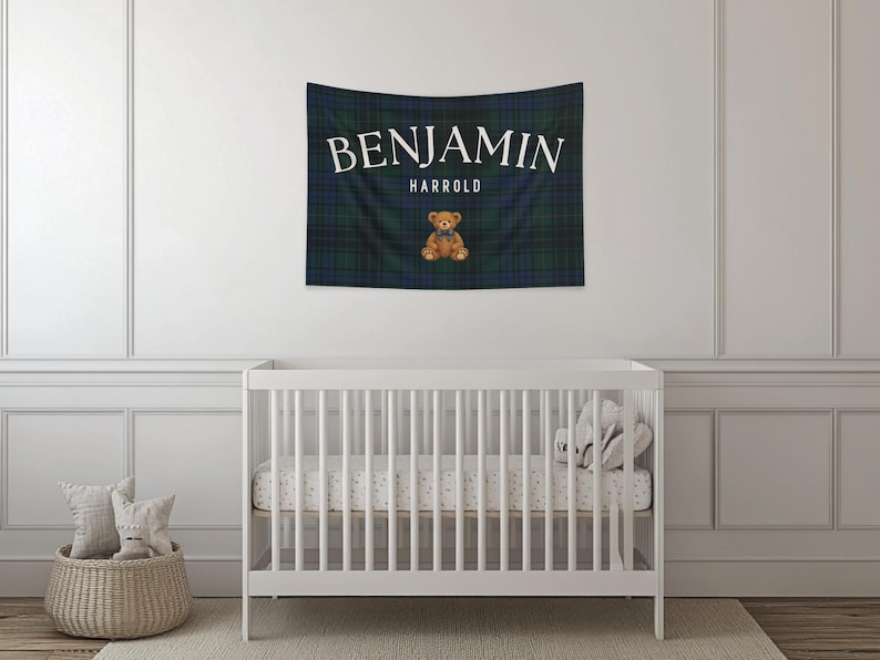 Polo bear name banner featuring a personalized name with a vintage polo teddy design. This preppy bear nursery decor doubles as a plaid name sign and polo bear nursery decor for a classic boy nursery or toddler room. Perfect as a boy name sign and vintage polo teddy nursery baby gift, this custom banner adds timeless charm to baby rooms, preppy nurseries, and traditional nursery decor themes.