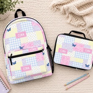 Patchwork style backpack featuring soft pastel patterns and customizable name detail. Durable everyday bag perfect for school, travel, sleepovers, and daily adventures. Trendy design for kids and teens who love colorful, feminine, vintage inspired accessories.