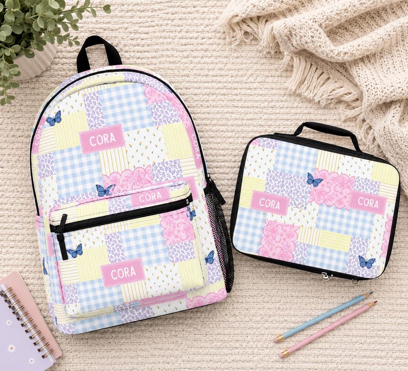 Patchwork style backpack featuring soft pastel patterns and customizable name detail. Durable everyday bag perfect for school, travel, sleepovers, and daily adventures. Trendy design for kids and teens who love colorful, feminine, vintage inspired accessories.