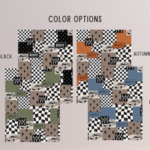 Puede incluir: Muestras de tela en opciones de color negro, verde, oto&ntilde;o y azul. Cada muestra presenta un dise&ntilde;o de patchwork con patrones de cuadros, rayos y coches de carreras. El texto "RYOTT" es visible en cada muestra.