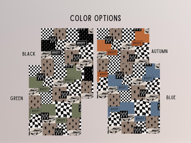 Puede incluir: Muestras de tela en opciones de color negro, verde, oto&ntilde;o y azul. Cada muestra presenta un dise&ntilde;o de patchwork con patrones de cuadros, rayos y coches de carreras. El texto "RYOTT" es visible en cada muestra.