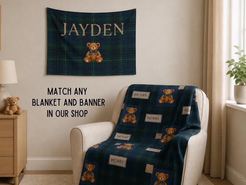 May include: A navy blue and green plaid blanket and wall banner with a teddy bear design. The banner has the name "JAYDEN" in gold lettering. The blanket features the name "HENRY" on several squares with teddy bear graphics.