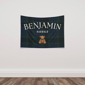 Polo bear name banner featuring a personalized name with a vintage polo teddy design. This preppy bear nursery decor doubles as a plaid name sign and polo bear nursery decor for a classic boy nursery or toddler room. Perfect as a boy name sign and vintage polo teddy nursery baby gift, this custom banner adds timeless charm to baby rooms, preppy nurseries, and traditional nursery decor themes.