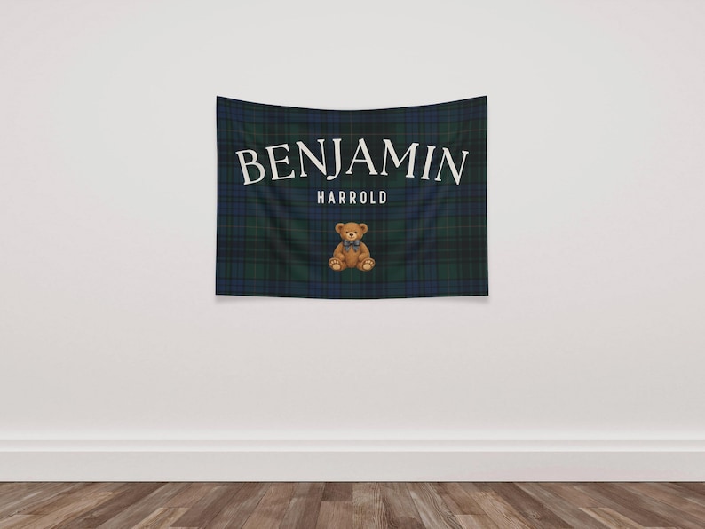 Polo bear name banner featuring a personalized name with a vintage polo teddy design. This preppy bear nursery decor doubles as a plaid name sign and polo bear nursery decor for a classic boy nursery or toddler room. Perfect as a boy name sign and vintage polo teddy nursery baby gift, this custom banner adds timeless charm to baby rooms, preppy nurseries, and traditional nursery decor themes.