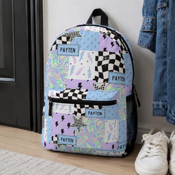 Girl Backpack Back to School Teen Gift Idea Girl Name Backpack Pastel Checkered Print Backpack Custom School Bag Personalized Kids Backpack