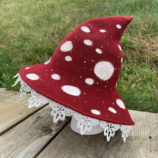 Chapeau de sorcière champignon fairycore cottagecore lunatique bordure en dentelle à pois rouges et blancs