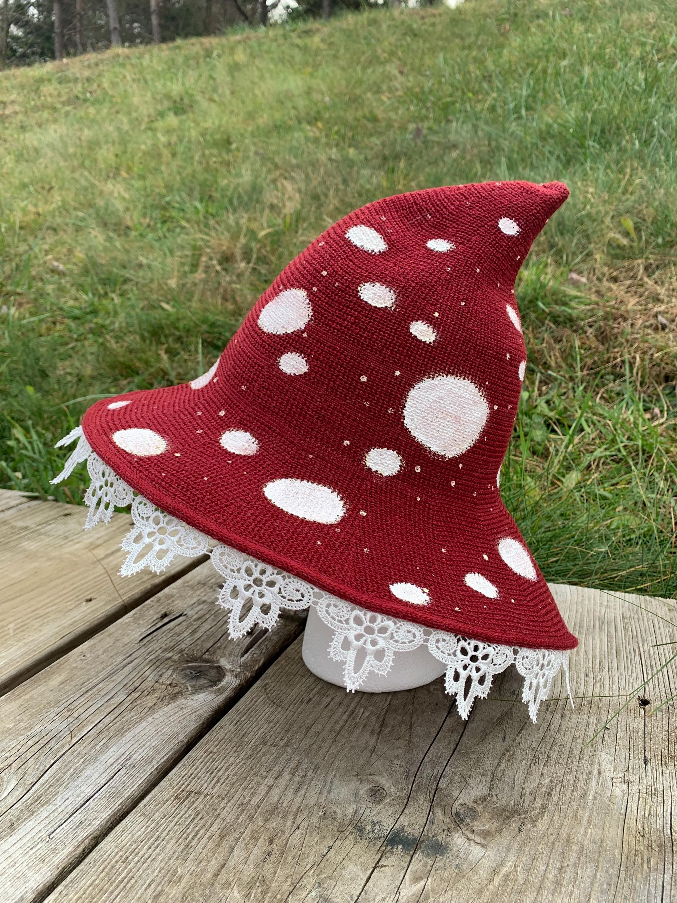 Mushroom witch hat fairycore cottagecore whimsical lace trim red and white dots
