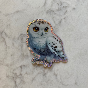 Snowy Owl Glitter Sticker: Chibi Anime Style