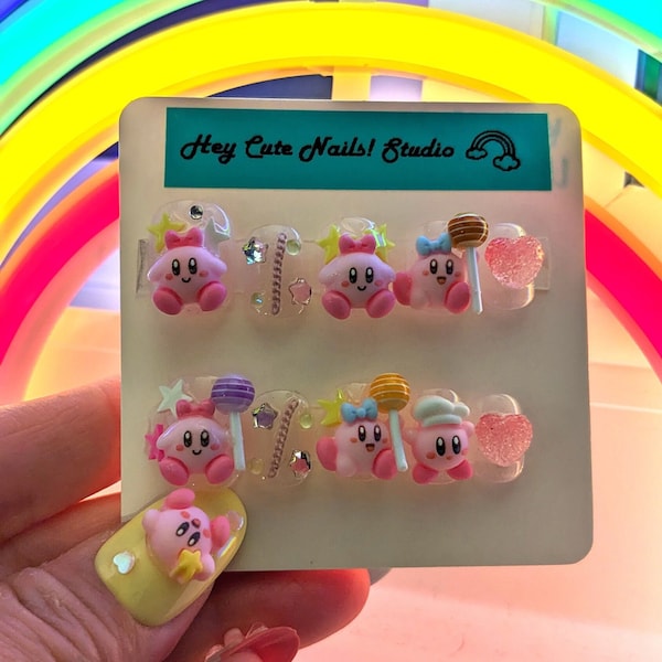 Handmade Kirby press on nails l Kawaii nails l y2k fake nails l Reusable nails | Short square nails l Japanese gel nails | Korean gel nails