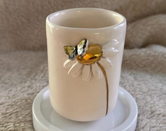 Handmade Soy Wax Candle in Reusable Daisy & Butterfly Ceramic Jar
