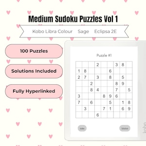 May include: A white Kobo Libra Colour e-reader showing a Medium Sudoku puzzle. The image includes text that reads "Medium Sudoku Puzzles Vol 1", "100 Puzzles", "Solutions Included", and "Fully Hyperlinked".