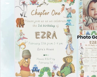 May include: A printable invitation and milestone poster for a first birthday party. The invitation features a whimsical illustration of characters from the book "The Very Hungry Caterpillar" and the text "Chapter One: Please join us as we celebrate the 1st birthday of EZRA. February 11th from 1-4 pm. Ezra's House. Please RSVP by February 1st."