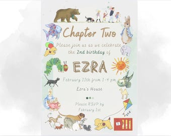 May include: A whimsical birthday invitation with the text "Chapter Two" and "EZRA". The invitation features illustrations of a bear, fish, rabbit, and other animals. The invitation includes the date, time, and RSVP information.